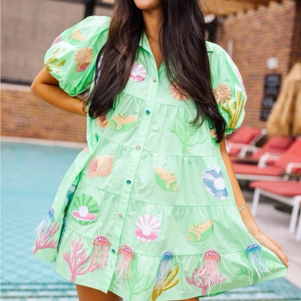 QUEEN OF SPARKLES Mint Green Embroidered Seaside Tiered Dress